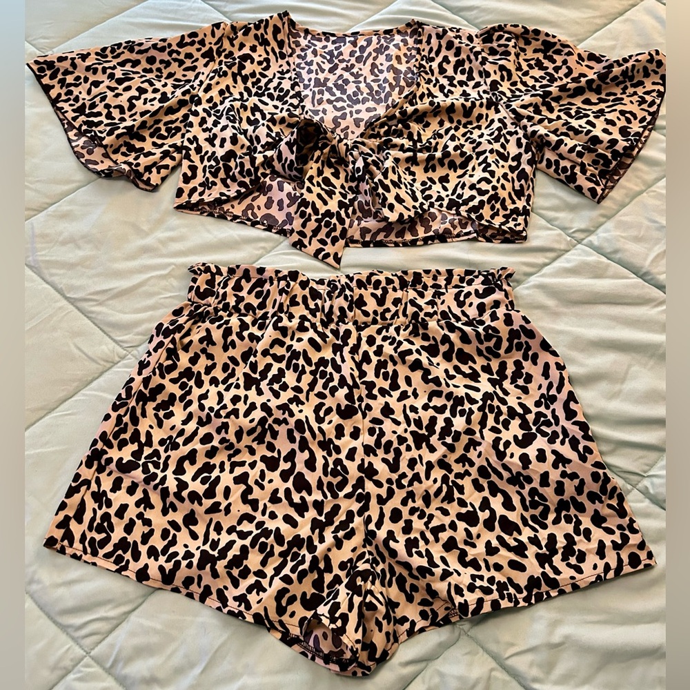 Leopard Print Two Piece Shorts Set